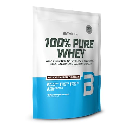 BioTechUSA 100% Pure Whey, Complejo de suero de leche con bromelina, aminoácidos, sin azúcar añadido, sin aceite de palma, 1 kg, Chocolate-Coco