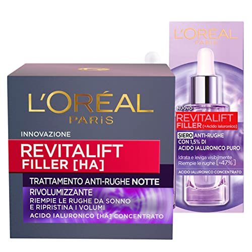 L'Oréal Paris Revitalift Filler Sérum Facial Acción Rellenadora + Revitalift Filler Crema de Tratamiento Facial de Noche Revolucionaria Antiarrugas - 2 Tratamientos con Ácido Hialurónico