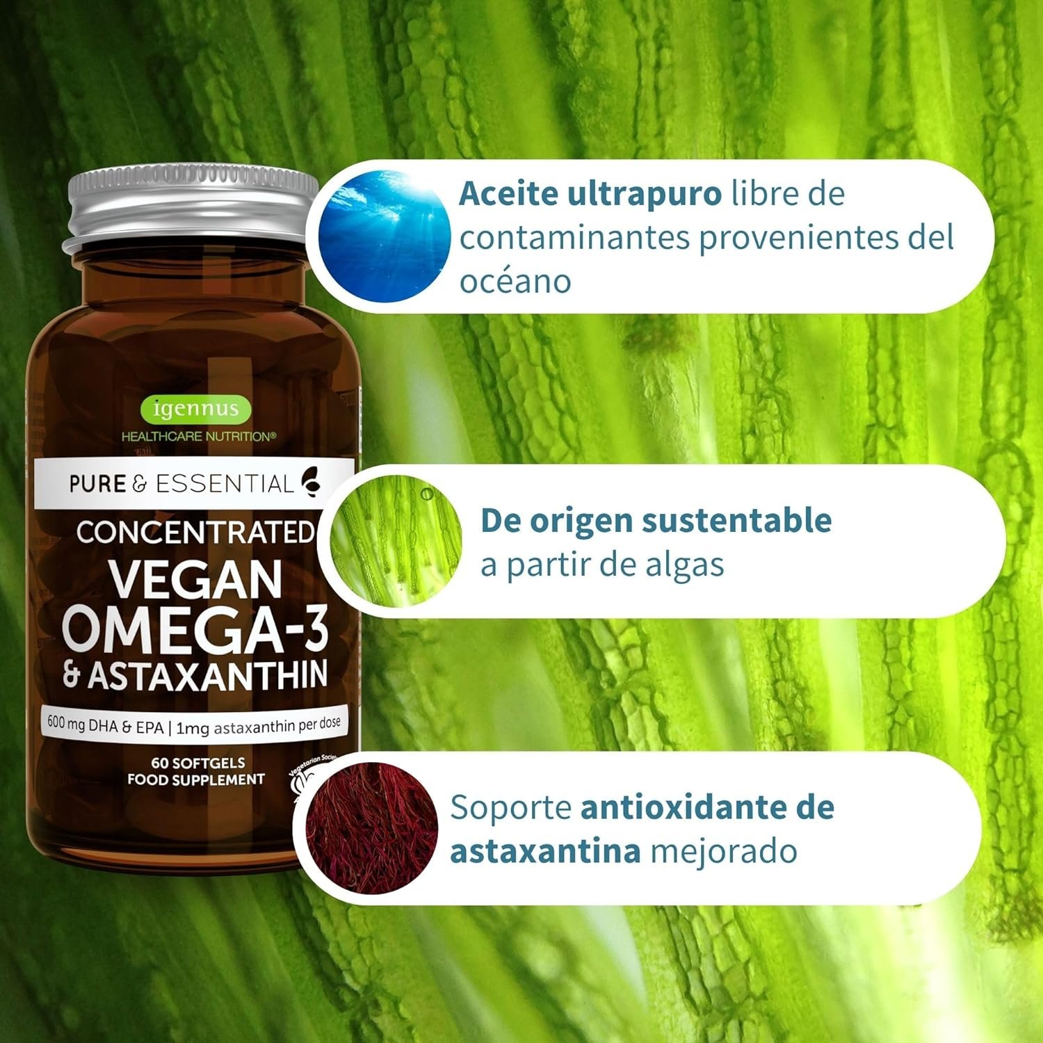 Omega 3 Vegano con Astaxantina, 1344 mg de Aceite de Algas DHA + EPA Suplementos Omega 3 Vegano con DHA EPA y Astaxantina, 1344 mg de Aceite de Algas